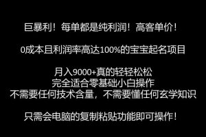 巨暴利，月入9000+的宝宝起名项目，每单都是纯利润，零基础都能躺赚【附软件+视频教程】